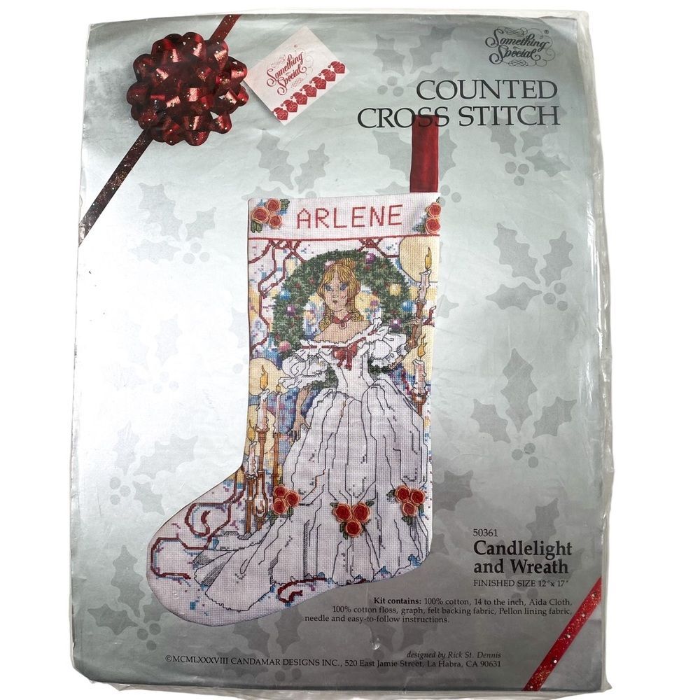 Vintage Counted Cross Stitch Holiday Stocking Kit Wreath Embroidery Needlecraft